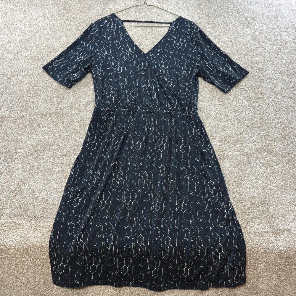 Apt. 9 Womens Black Geometric Print Faux Wrap Short Sleeve Dress M Office Work